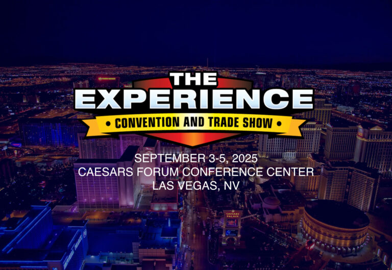 Logo for “The Experience Convention and Trade Show” over a night view of the Las Vegas Strip. Text below reads “September 3–5, 2025, Caesars Forum Conference Center, Las Vegas, NV.