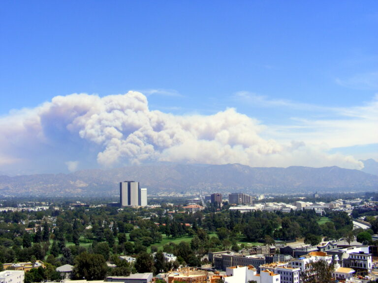 Wildfire clouds hovering over the mountains near Los Angeles.
